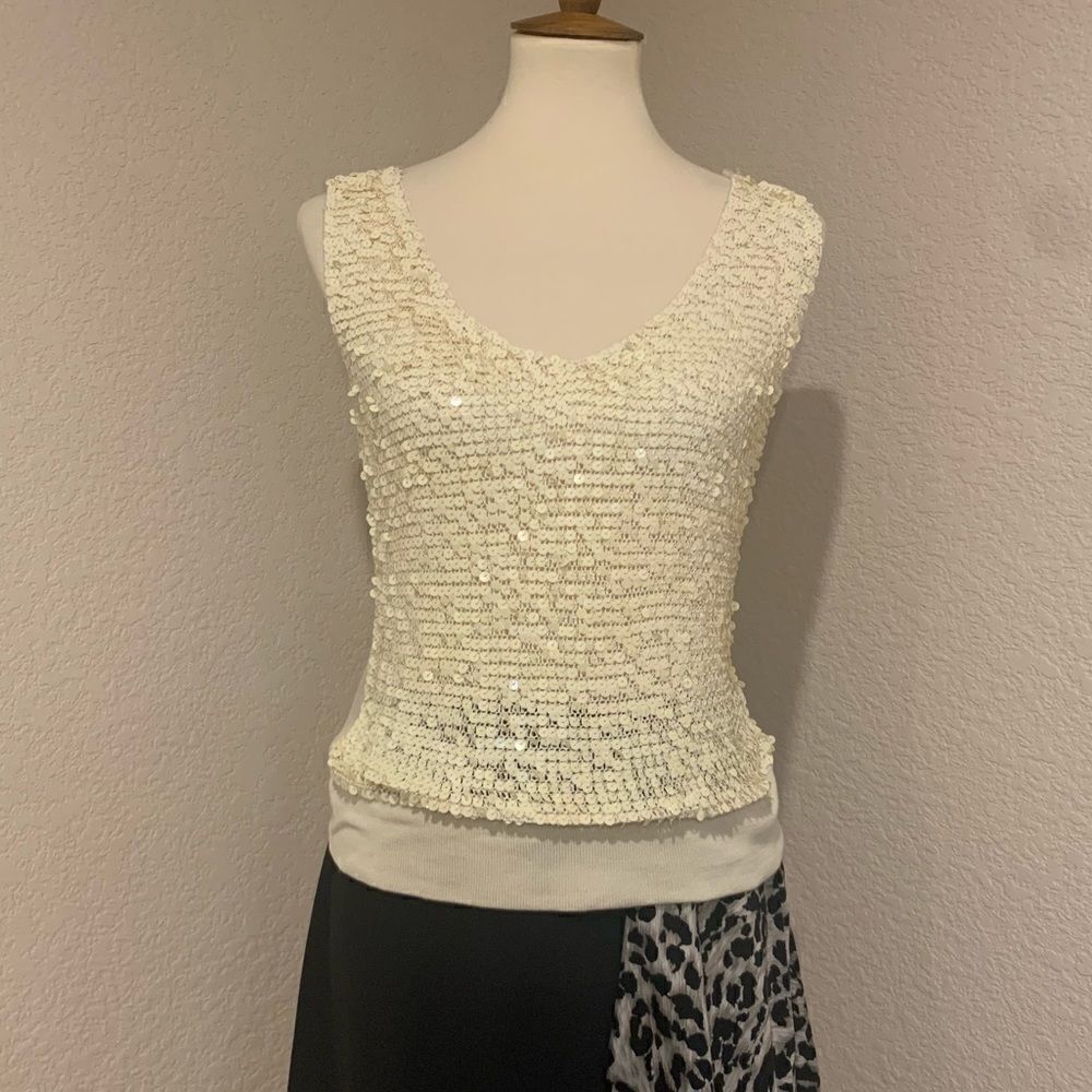 ShuShu Cream Ivory Sequin Paillette Silk Tank Top 75% Silk Knit Size Small - Picture 16 of 16